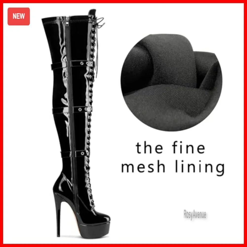 Over The Knee Thigh High Boots Stiletto Platform Lace Up Buckle Zipper